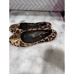 Tory Burch Eddie Leopard Calf Hair Ballet Flats Gold Logo Size 8 Made in Brazil